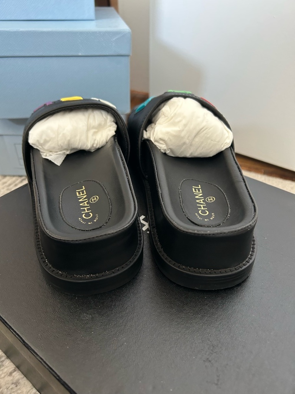 CHANEL Black Leather Slide Sandals with Multicolor Lettering - Picture 7 of 7